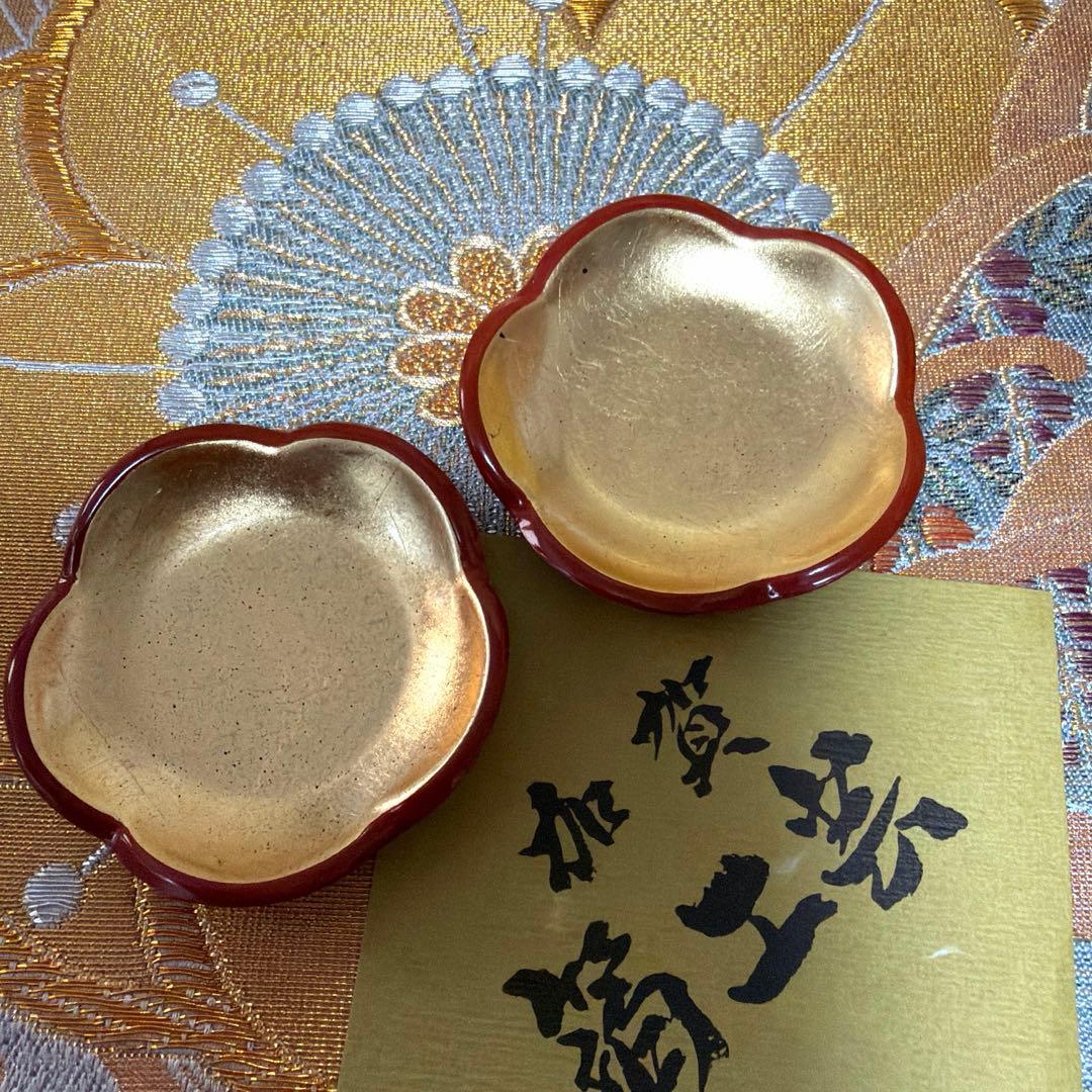 たち吉赤絵金彩八角鉢　春秋貝彩　金銀ガラス製プレート　加賀箔工芸　No.4-39