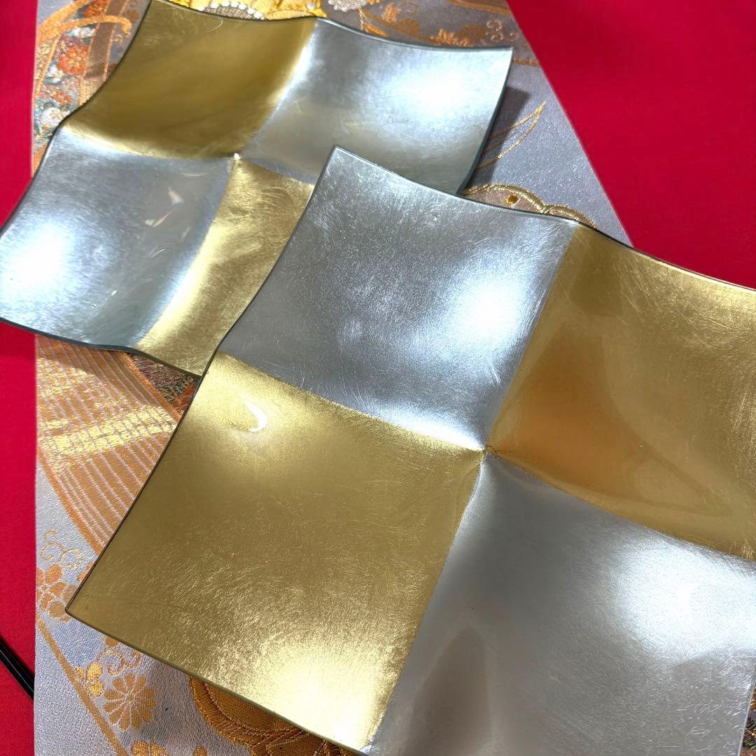 たち吉赤絵金彩八角鉢　春秋貝彩　金銀ガラス製プレート　加賀箔工芸　No.4-39