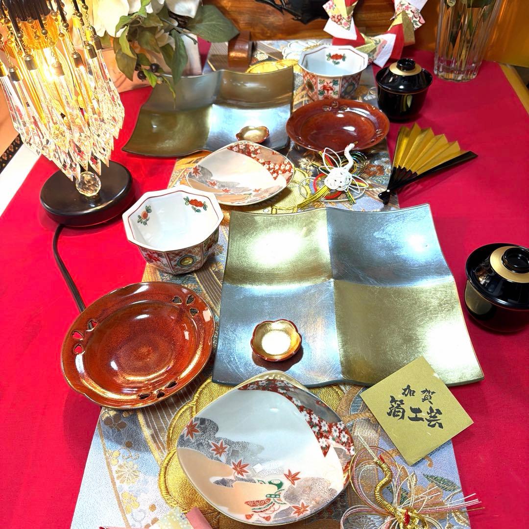 たち吉赤絵金彩八角鉢　春秋貝彩　金銀ガラス製プレート　加賀箔工芸　No.4-39