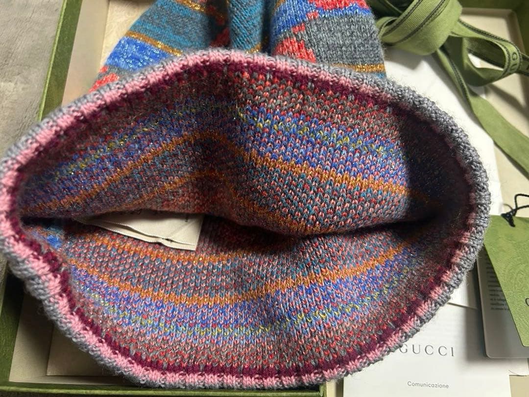 値下げ　GUCCI グッチニット帽 ビーニー　グレー マルチカラー