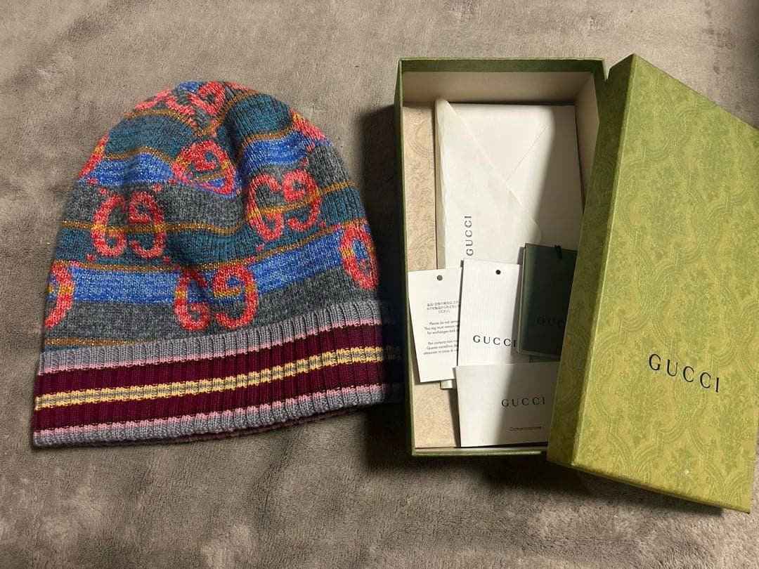 値下げ　GUCCI グッチニット帽 ビーニー　グレー マルチカラー