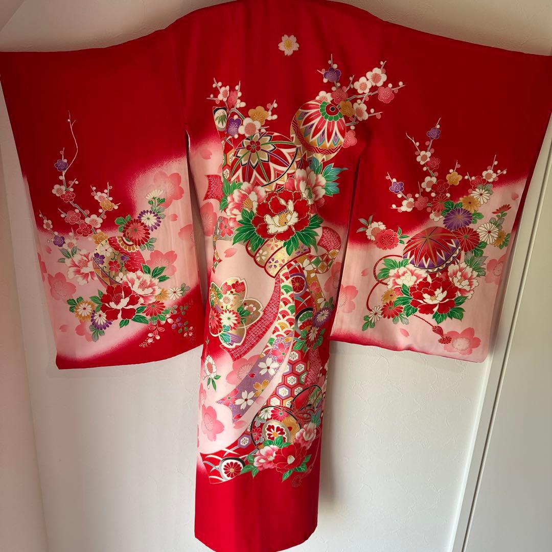 お宮参り 産着 赤 女の子 金糸刺繍 金コマ刺繍