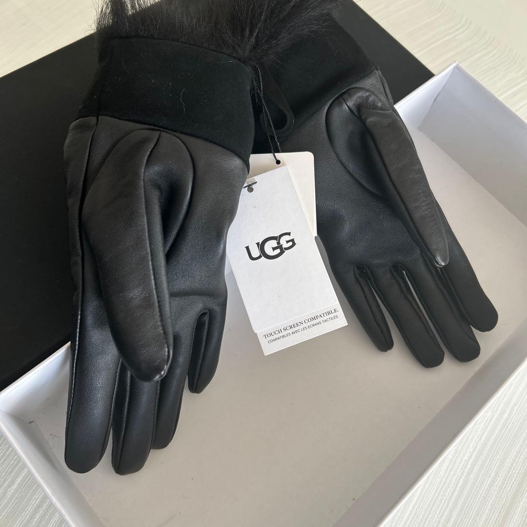 UGG【新品未使用品】Wレザースエードファー付き手袋 M ブラック