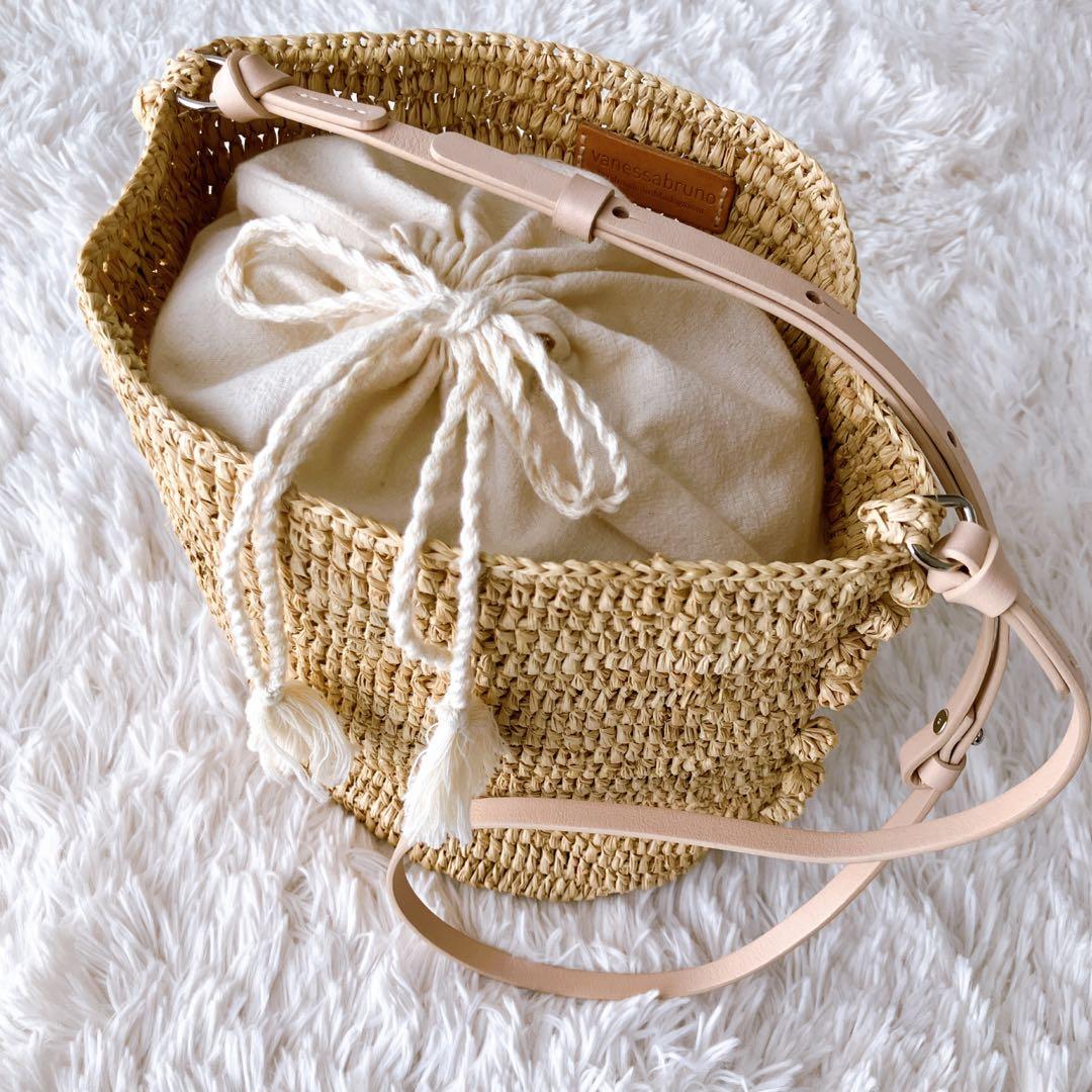 vanessabruno ショルダバッグ ラフィア レザーベルト 巾着付 かご