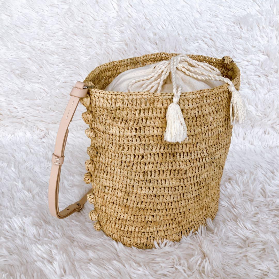 vanessabruno ショルダバッグ ラフィア レザーベルト 巾着付 かご