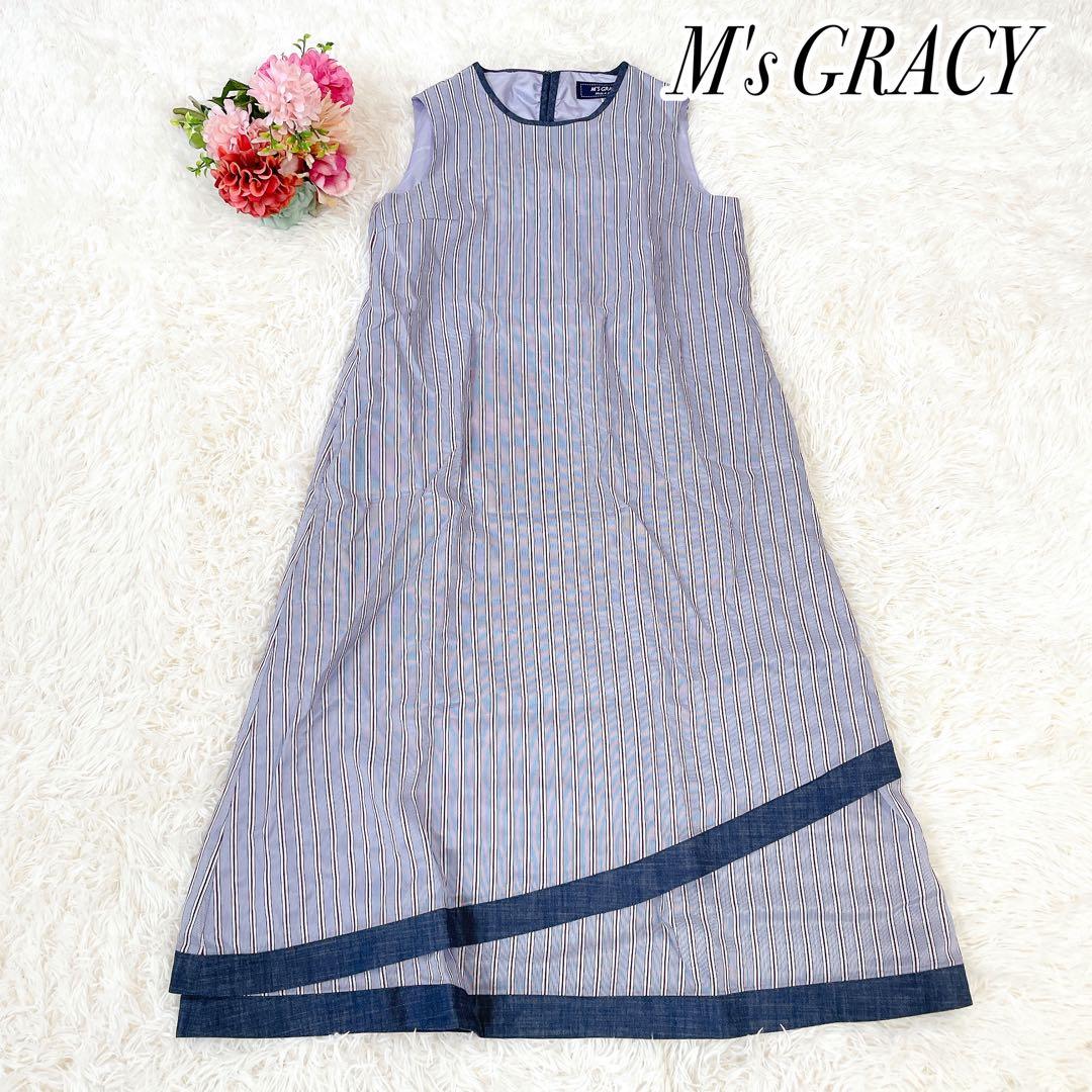 極美品　エムズグレイシー　デニム切替　ストライプ　ノースリーブワンピース　現行
