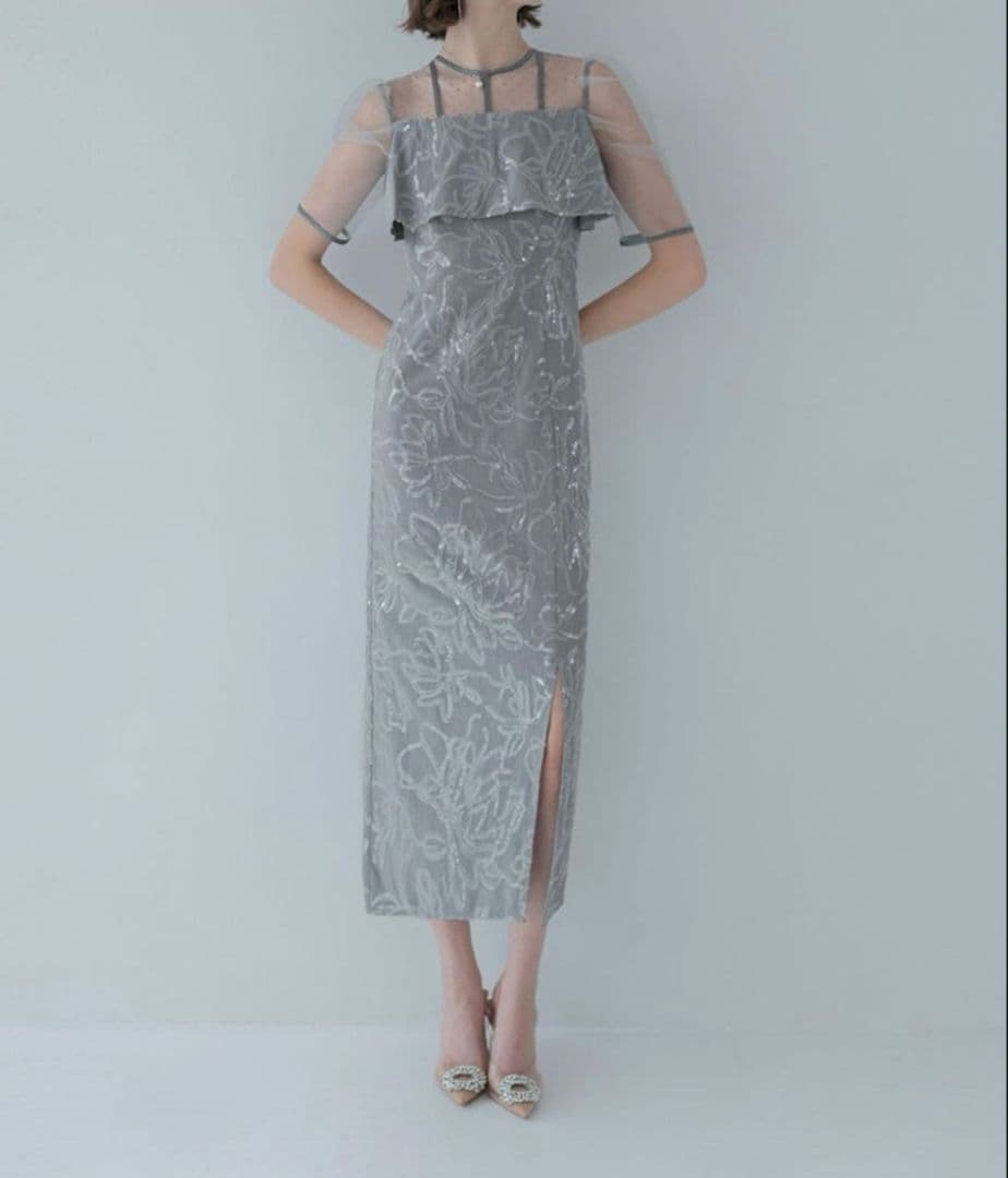 LEJA　ドットチュールフラワースパンコール　Iラインドレス　グレー　S