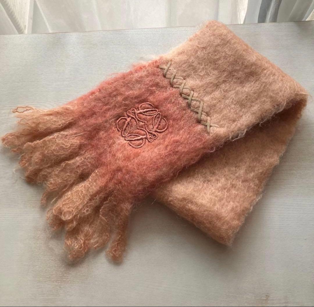 LOEWE ロエベ フリンジ付きマフラー　アナグラム刺繍　モヘヤ混