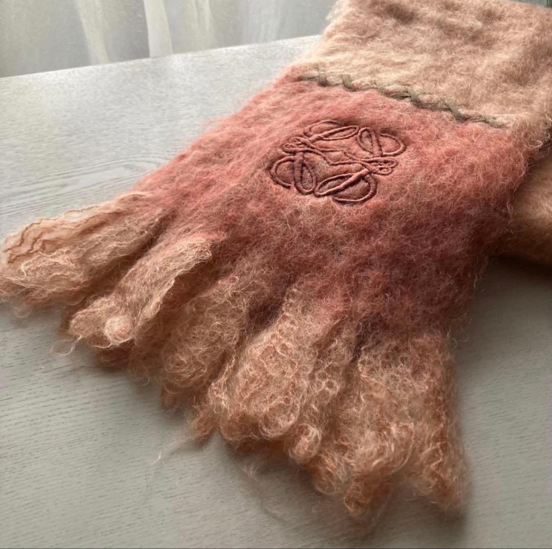 LOEWE ロエベ フリンジ付きマフラー　アナグラム刺繍　モヘヤ混