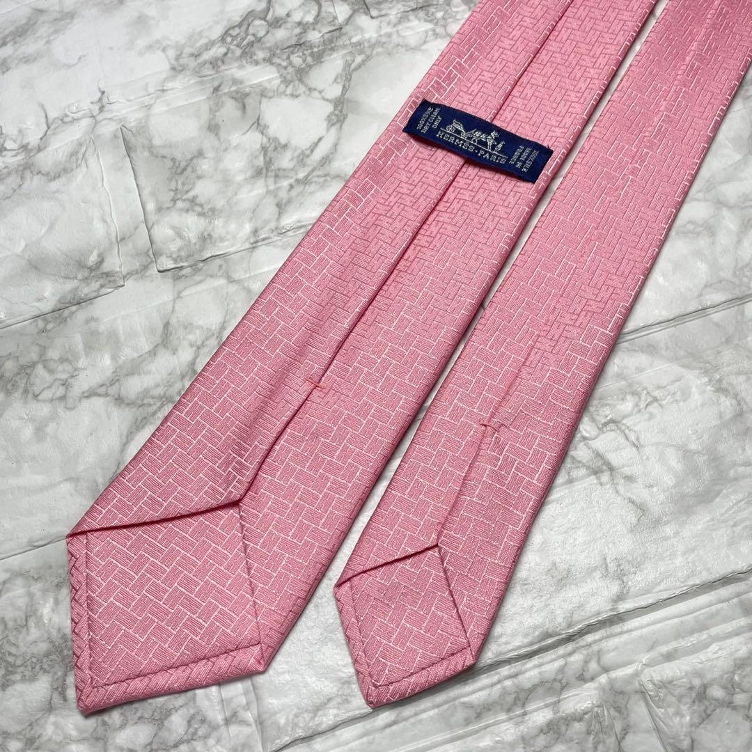 エルメス　HERMES ネクタイ　現行タグ　H織　ファソネ　ピンク　ソリッドタイ