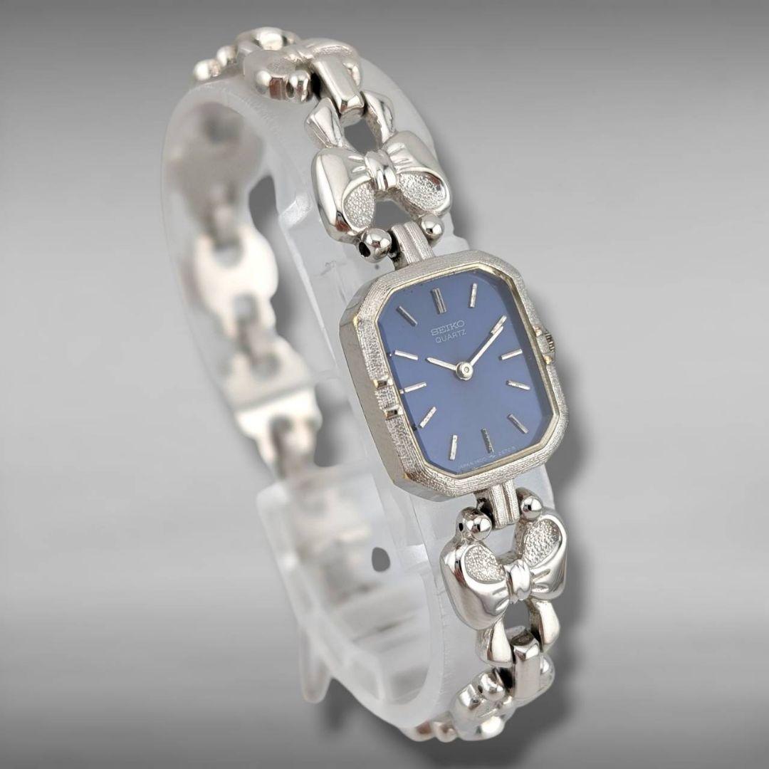 【新品電池・稼働】セイコー レクタンギュラー ブルー文字盤 リボン型ベルト