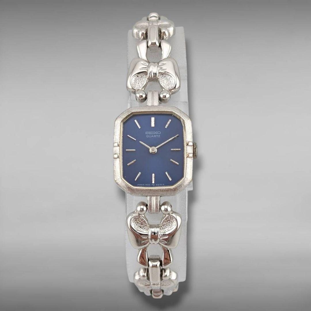 【新品電池・稼働】セイコー レクタンギュラー ブルー文字盤 リボン型ベルト