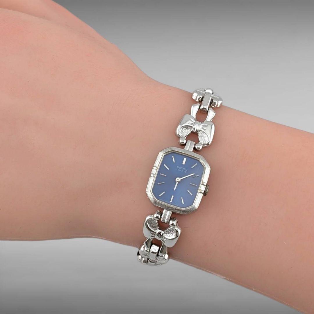 【新品電池・稼働】セイコー レクタンギュラー ブルー文字盤 リボン型ベルト