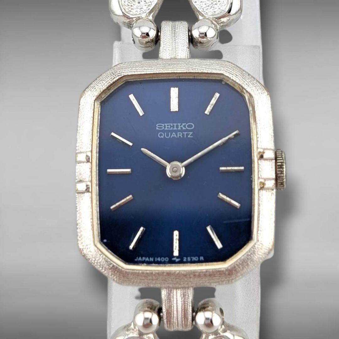 【新品電池・稼働】セイコー レクタンギュラー ブルー文字盤 リボン型ベルト
