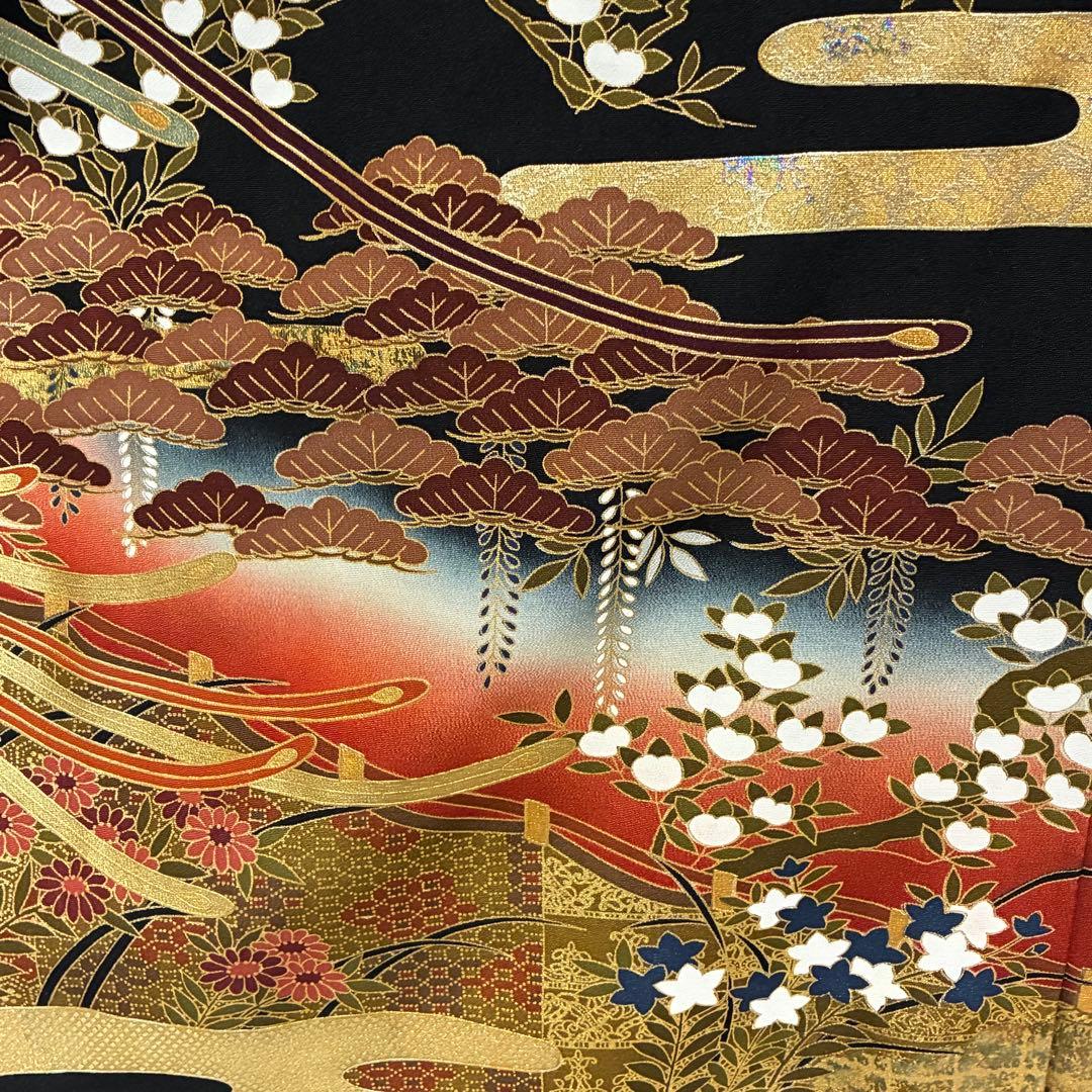 D98 黒留袖 鳳凰 華文 金彩 正絹 着物 袷 しつけ糸付き未使用極美品
