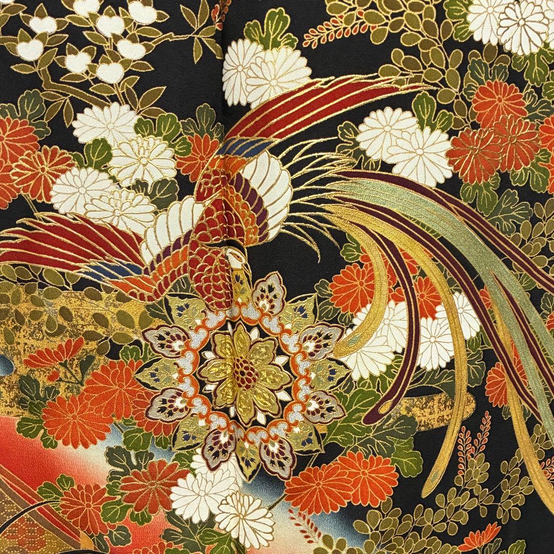 D98 黒留袖 鳳凰 華文 金彩 正絹 着物 袷 しつけ糸付き未使用極美品