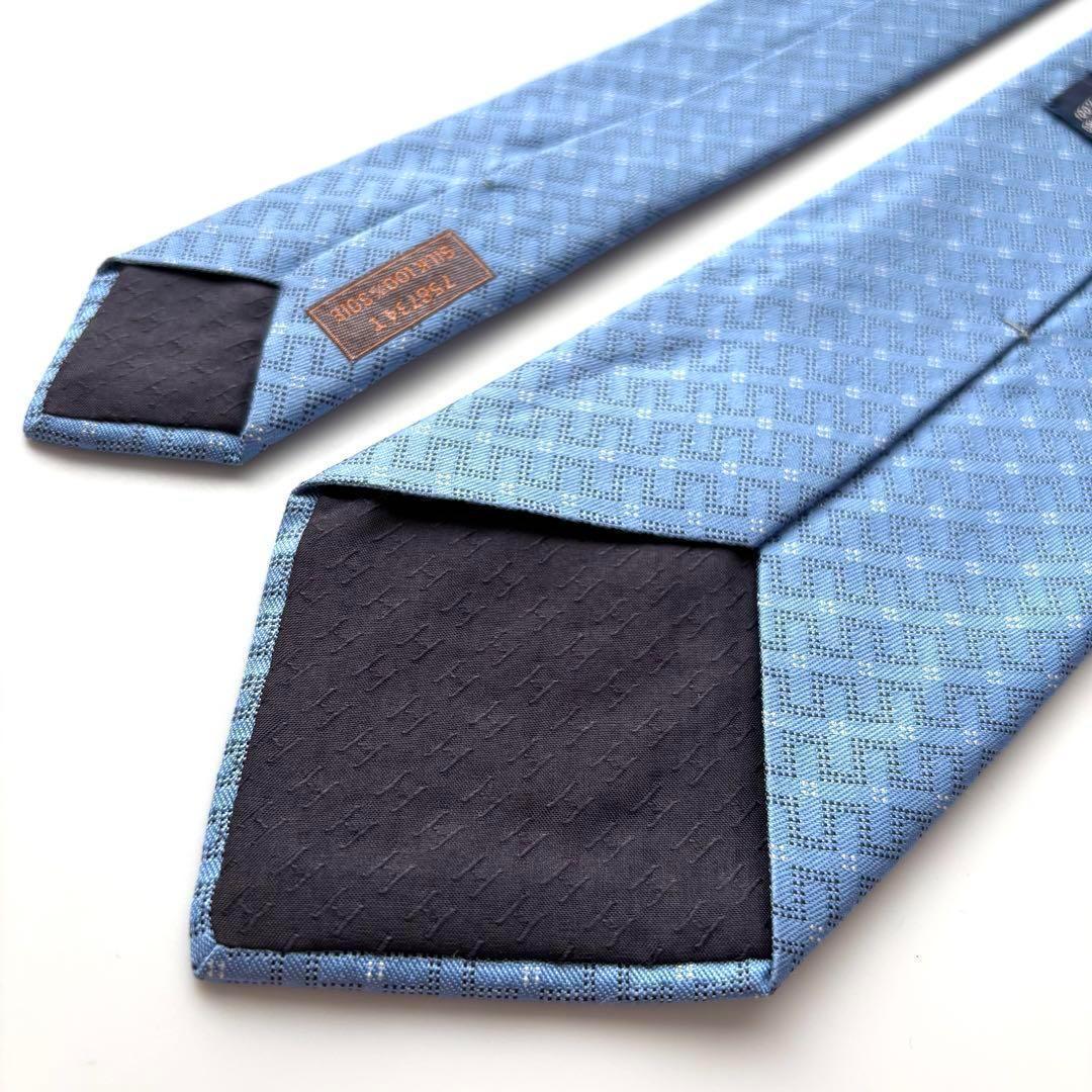꧁美品꧂ エルメス ネクタイ ファソネ H柄 ダイヤモンド ストライプ ブルー