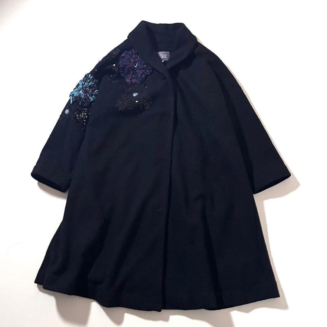 【美品】トクコプルミエヴォル　ロング コート　フラワー装飾&刺繍　黒　ゆったり
