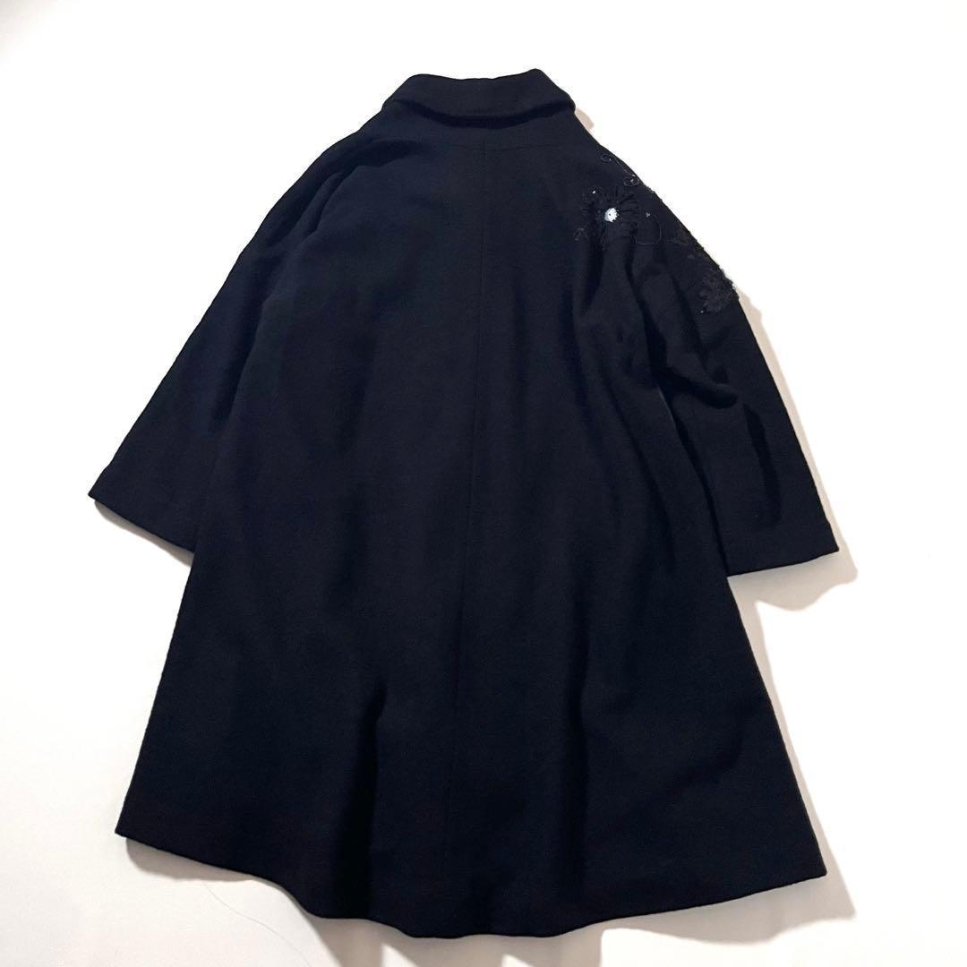 【美品】トクコプルミエヴォル　ロング コート　フラワー装飾&刺繍　黒　ゆったり