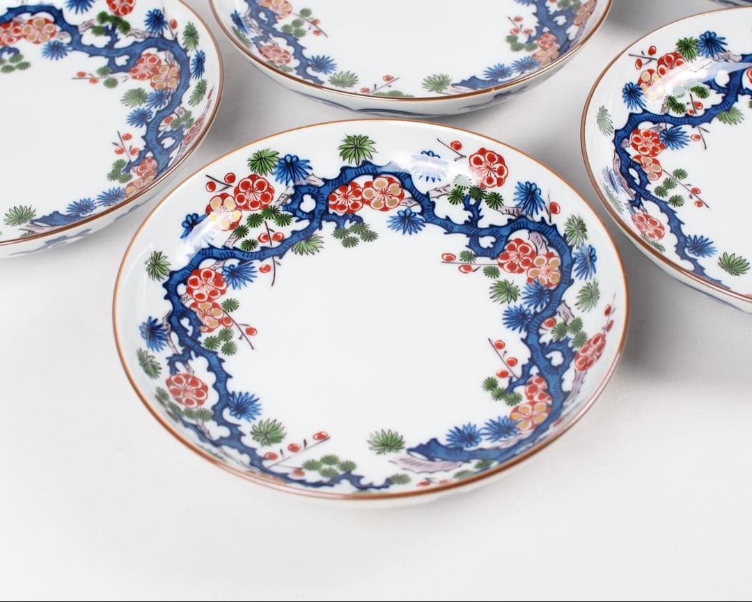 源右衛門窯 染錦松竹梅 皿 5客揃い 銘々皿 取り皿 有田焼 (付属品：共箱)