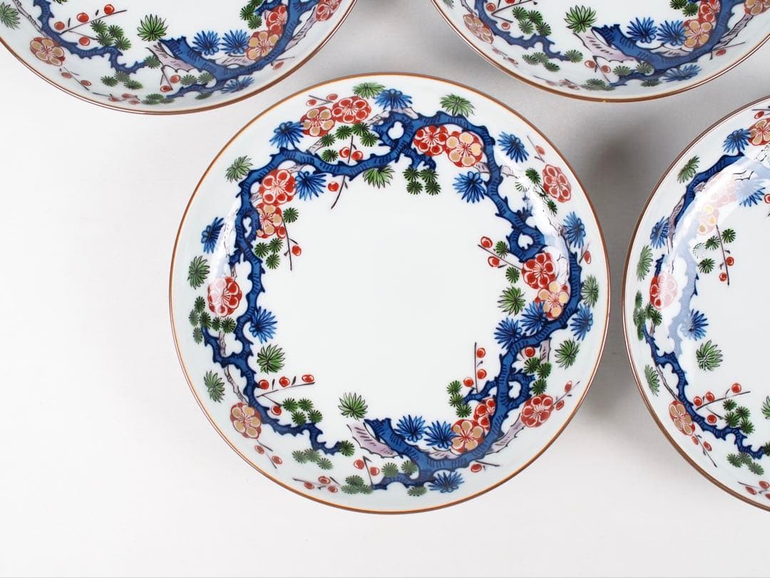 源右衛門窯 染錦松竹梅 皿 5客揃い 銘々皿 取り皿 有田焼 (付属品：共箱)