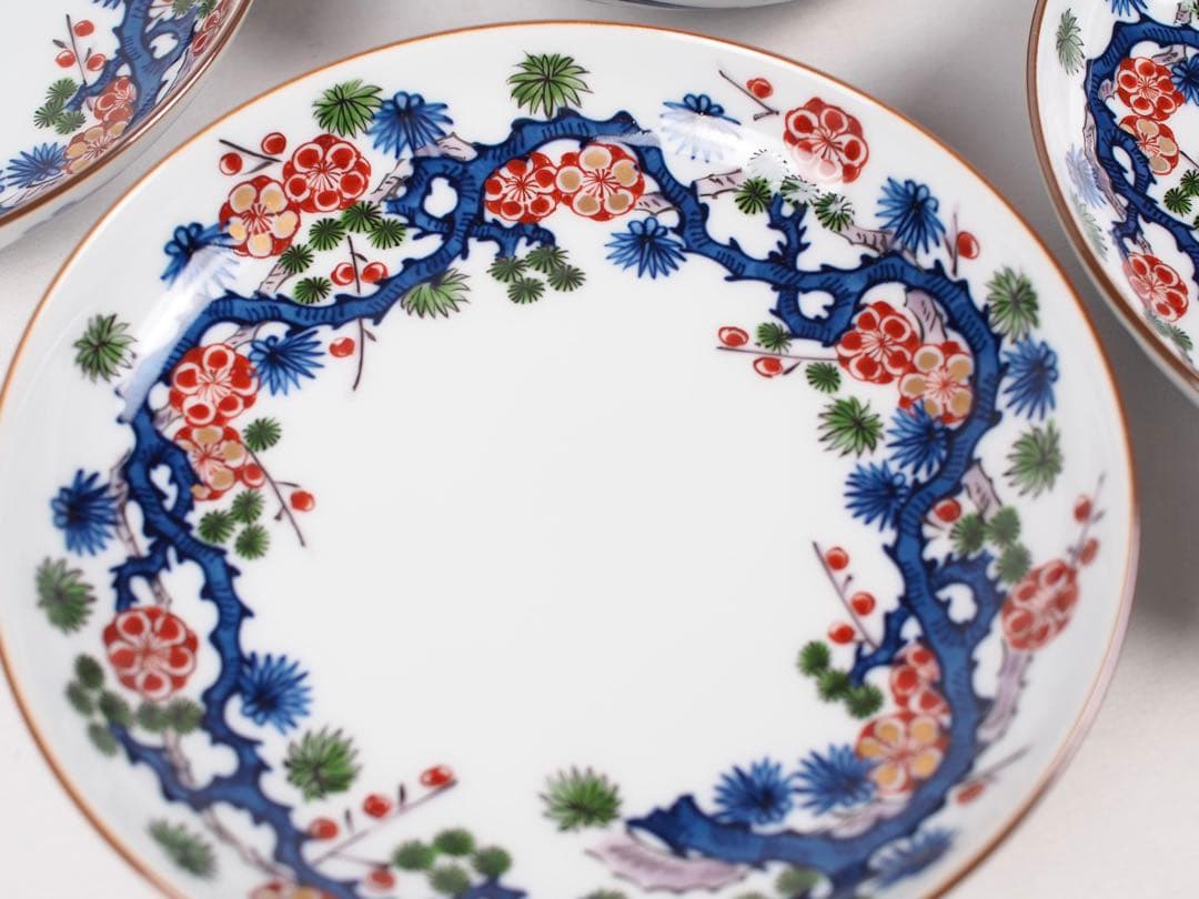 源右衛門窯 染錦松竹梅 皿 5客揃い 銘々皿 取り皿 有田焼 (付属品：共箱)