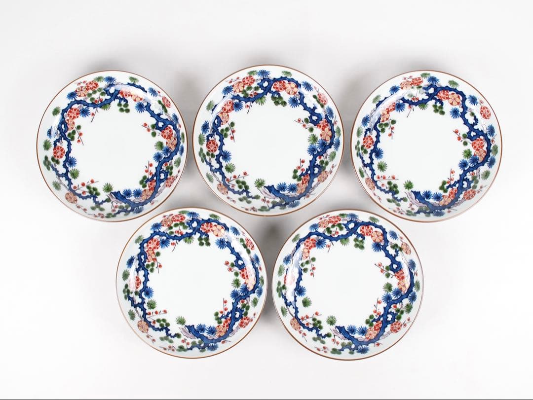 源右衛門窯 染錦松竹梅 皿 5客揃い 銘々皿 取り皿 有田焼 (付属品：共箱)