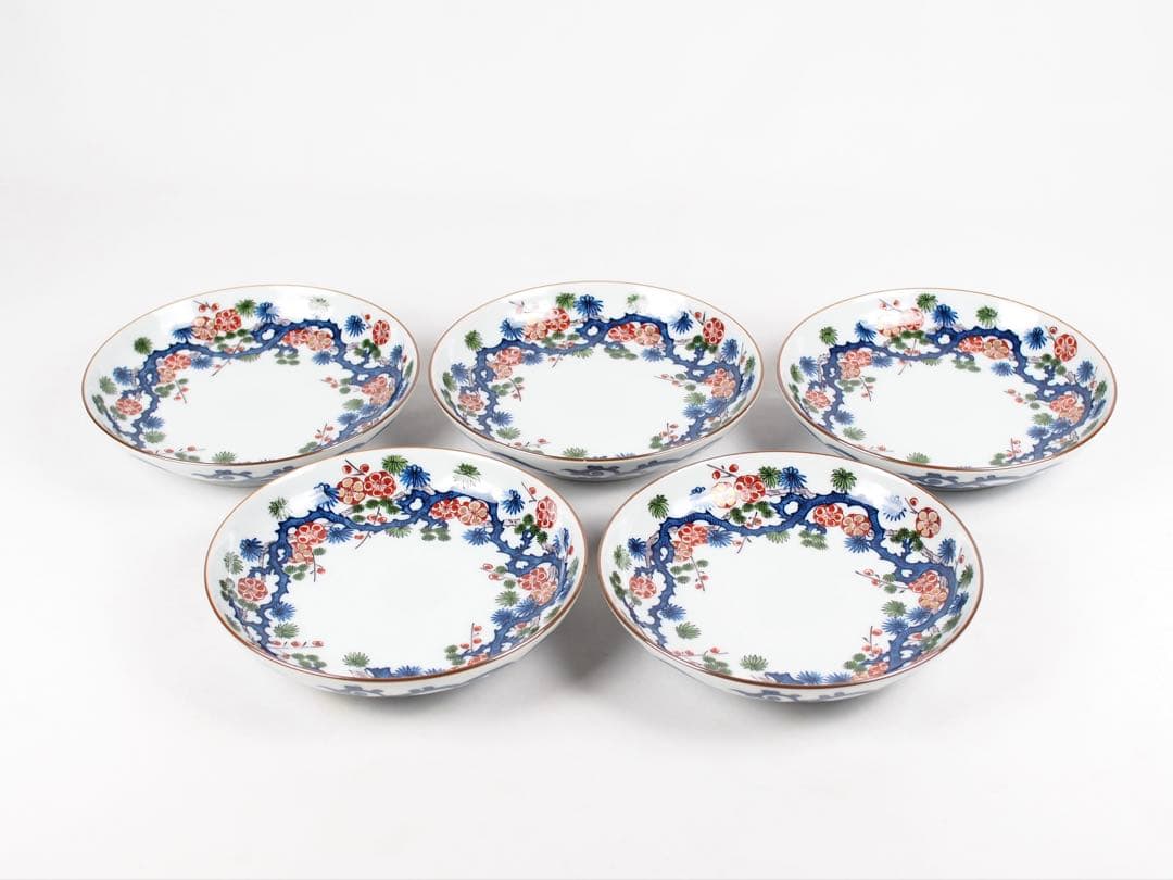 源右衛門窯 染錦松竹梅 皿 5客揃い 銘々皿 取り皿 有田焼 (付属品：共箱)