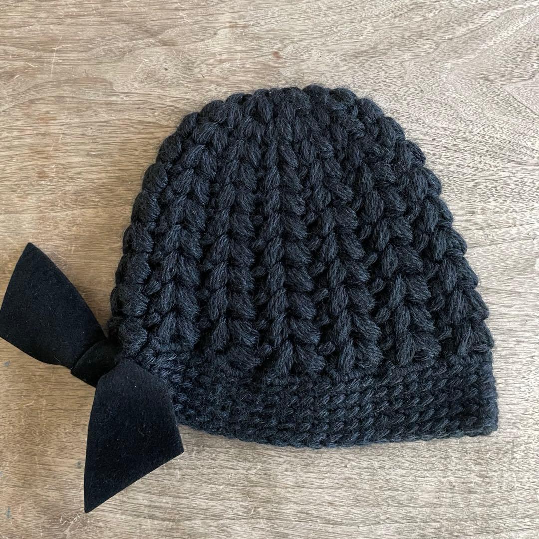ヒトミシノヤマ　ボーボリー ニットクロッシェ フェルトリボンリボン　黒　ニット帽
