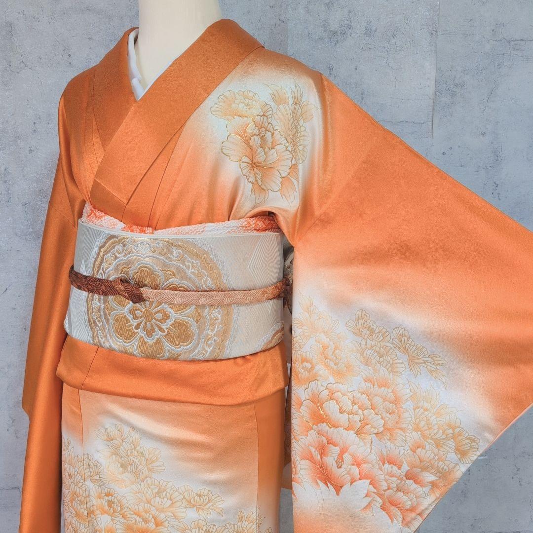 訪問着　フルセット　着物　正絹　オレンジ　橙　明るい　金駒刺繍　O8