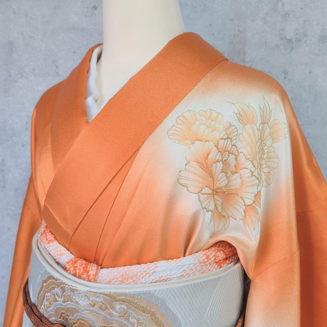 訪問着　フルセット　着物　正絹　オレンジ　橙　明るい　金駒刺繍　O8