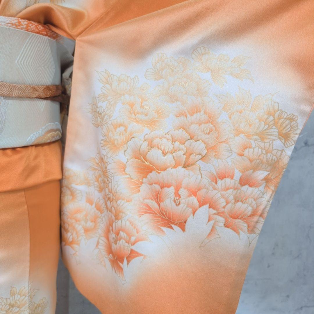 訪問着　フルセット　着物　正絹　オレンジ　橙　明るい　金駒刺繍　O8