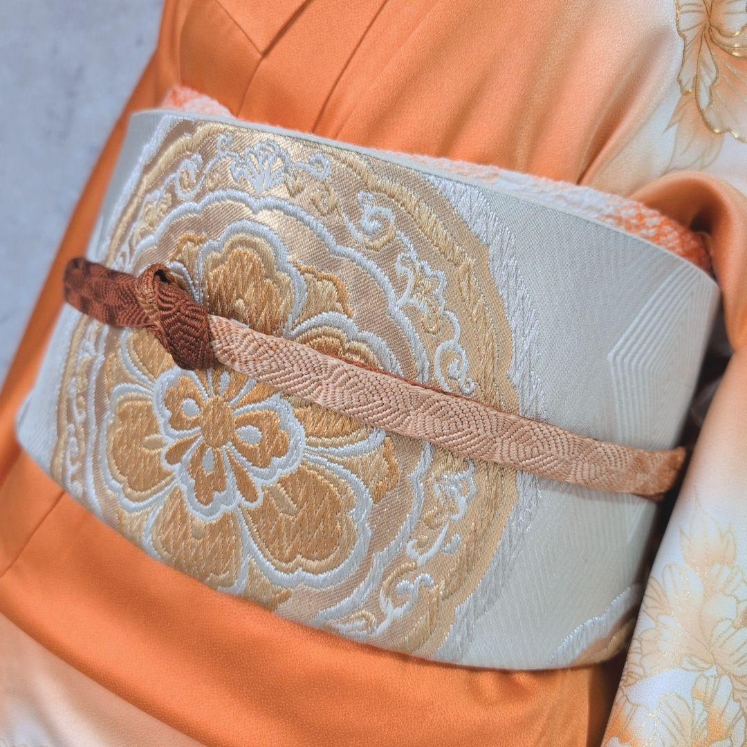 訪問着　フルセット　着物　正絹　オレンジ　橙　明るい　金駒刺繍　O8