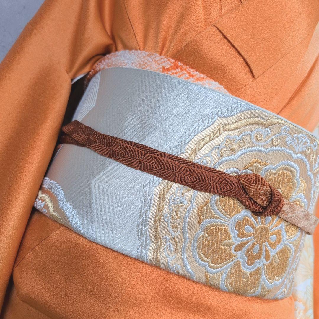 訪問着　フルセット　着物　正絹　オレンジ　橙　明るい　金駒刺繍　O8