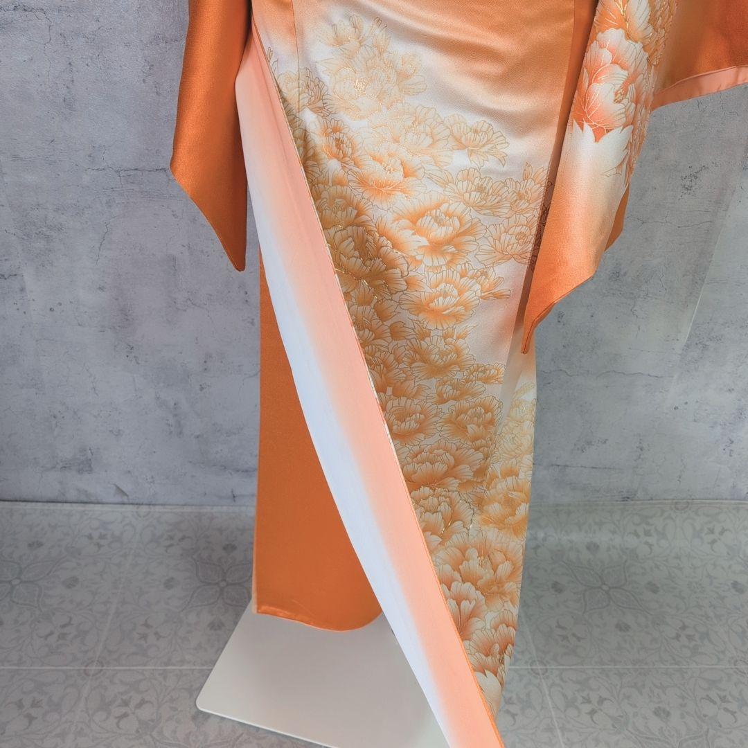 訪問着　フルセット　着物　正絹　オレンジ　橙　明るい　金駒刺繍　O8