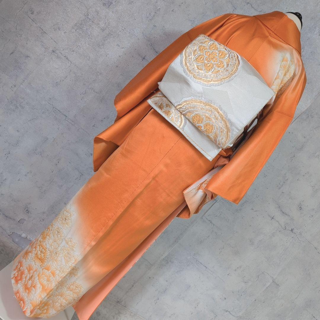 訪問着　フルセット　着物　正絹　オレンジ　橙　明るい　金駒刺繍　O8