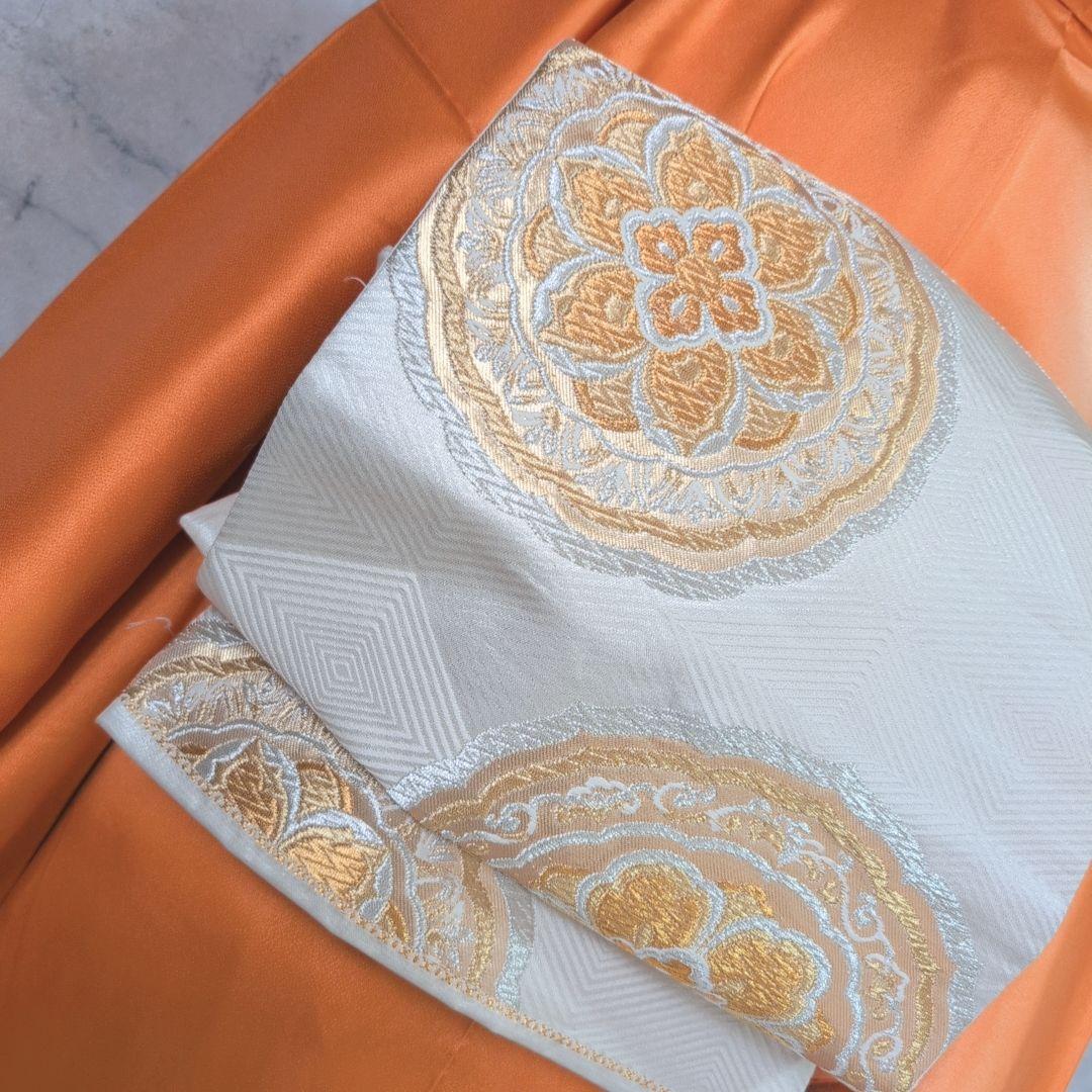 訪問着　フルセット　着物　正絹　オレンジ　橙　明るい　金駒刺繍　O8