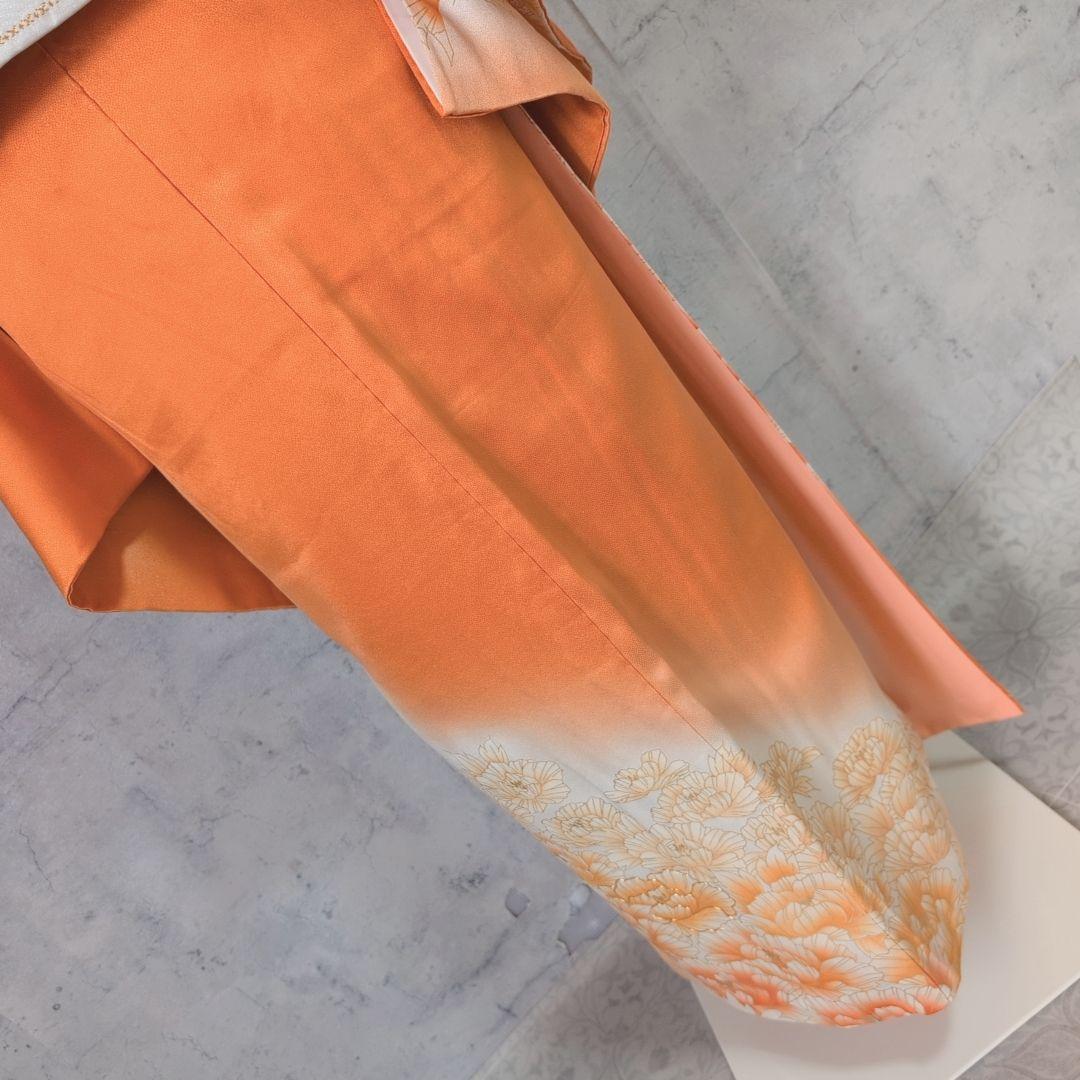 訪問着　フルセット　着物　正絹　オレンジ　橙　明るい　金駒刺繍　O8