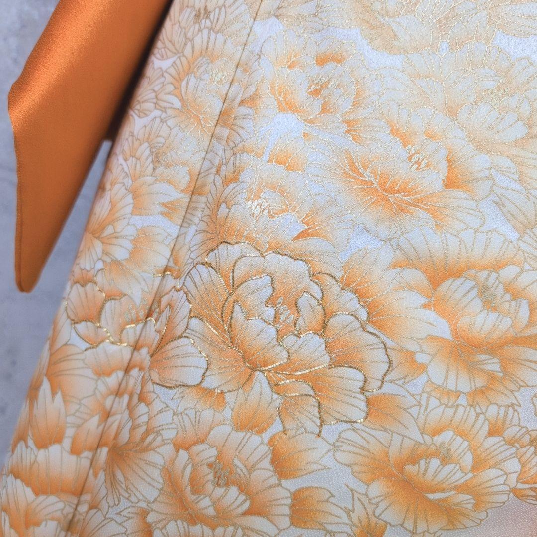 訪問着　フルセット　着物　正絹　オレンジ　橙　明るい　金駒刺繍　O8