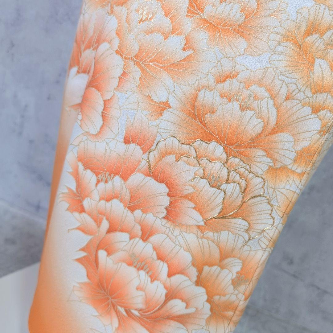 訪問着　フルセット　着物　正絹　オレンジ　橙　明るい　金駒刺繍　O8