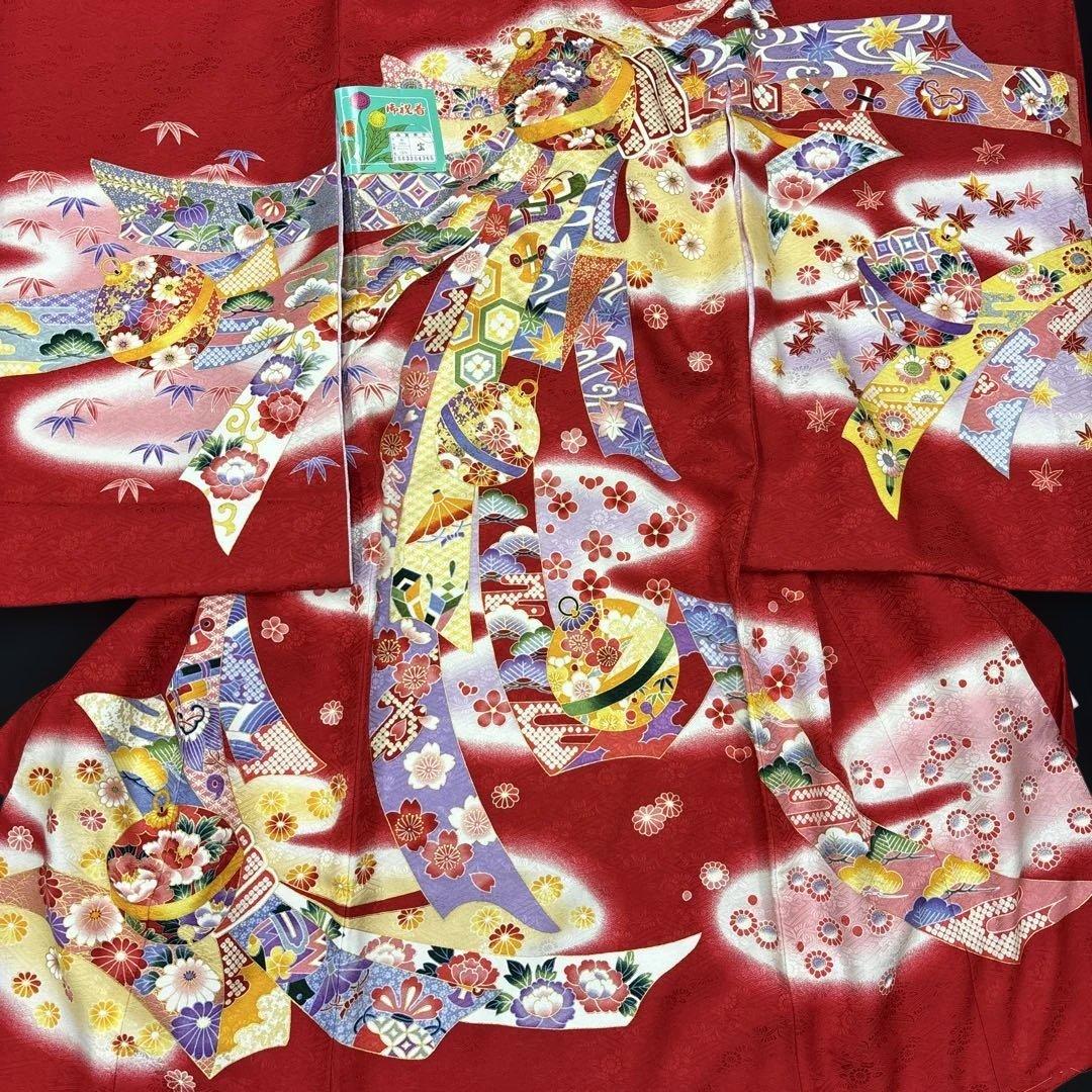 新品正絹産着（お祝着）最高級京友禅伝統多色染、本金入り古典四季花鈴大熨斗上品文