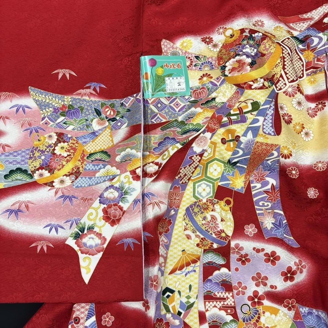 新品正絹産着（お祝着）最高級京友禅伝統多色染、本金入り古典四季花鈴大熨斗上品文