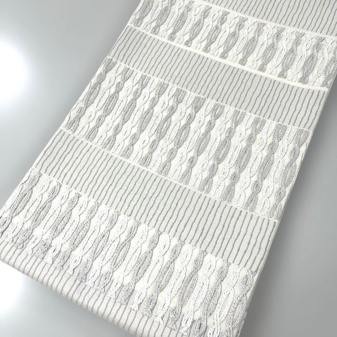 正絹　仕立て上がり西陣袋帯　組紐柄織　オフホワイト×グレー