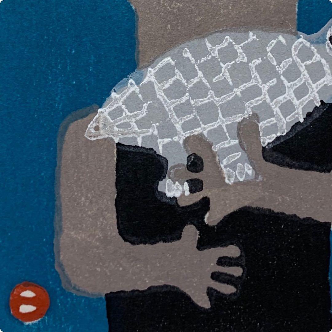 畦地梅太郎　木版画「鳥をだく」オリジナルプレート　綺麗な原色　竹芳洞手摺木版画