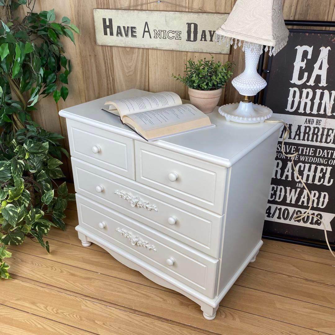 訳あり品！【121】フレンチ調ホワイトチェスト三段四つ引き木製収納家具姫系タンス