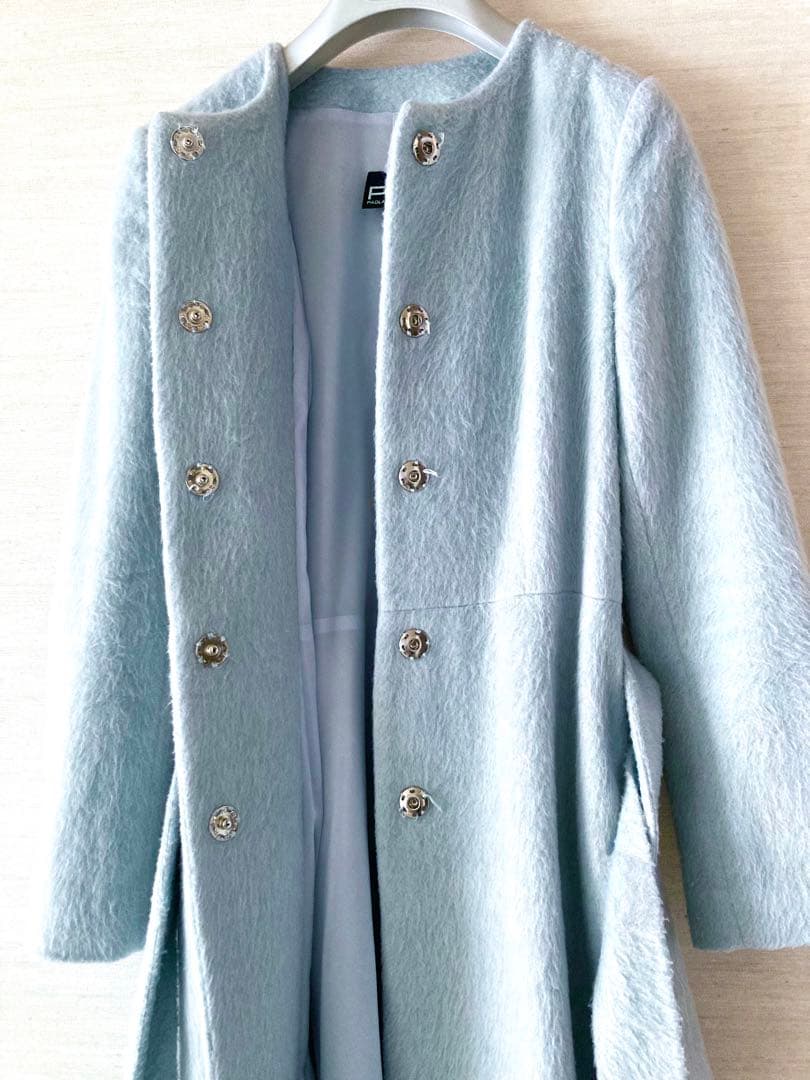 美品　パオラフラーニ　ロングコート　ノーカラー　共布ベルト付　水色　ブルー