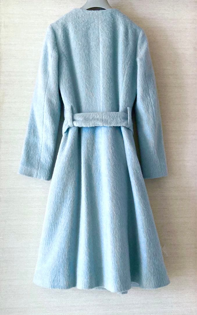 美品　パオラフラーニ　ロングコート　ノーカラー　共布ベルト付　水色　ブルー