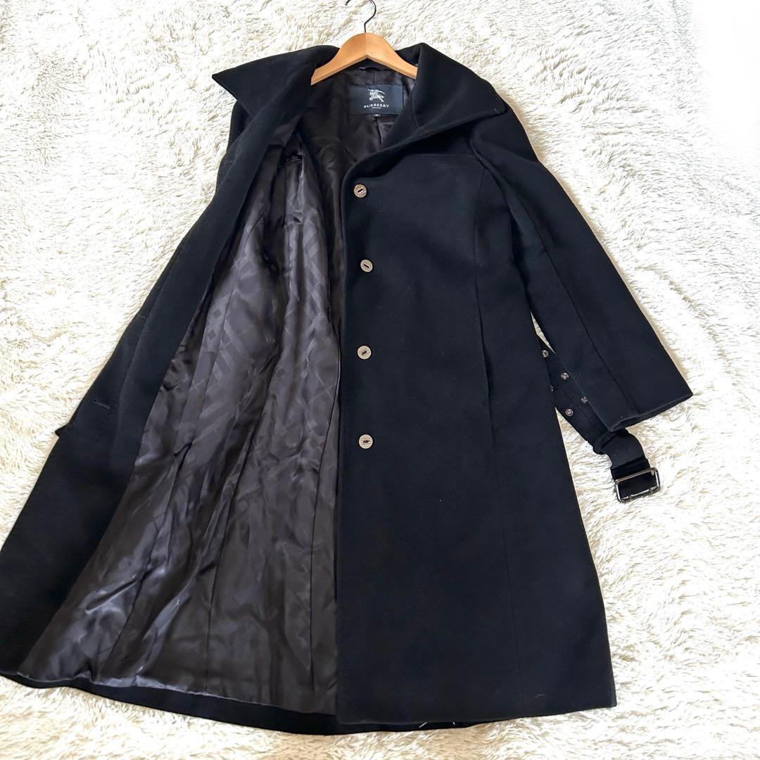 バーバリーロンドン ロングコート アンゴラ ベルト 銀ボタン ブラック 40 L