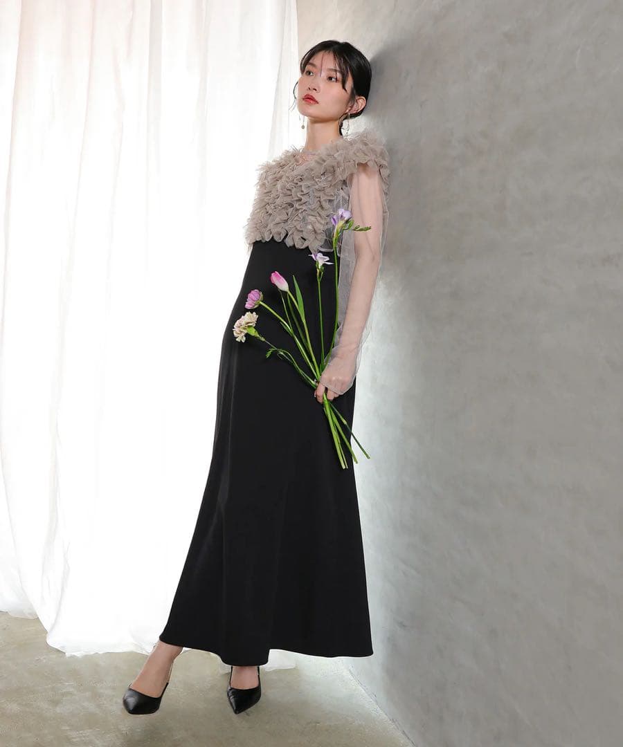 【にこ】チュール ボリューム フリル ベスト シアー トップス ワンピース