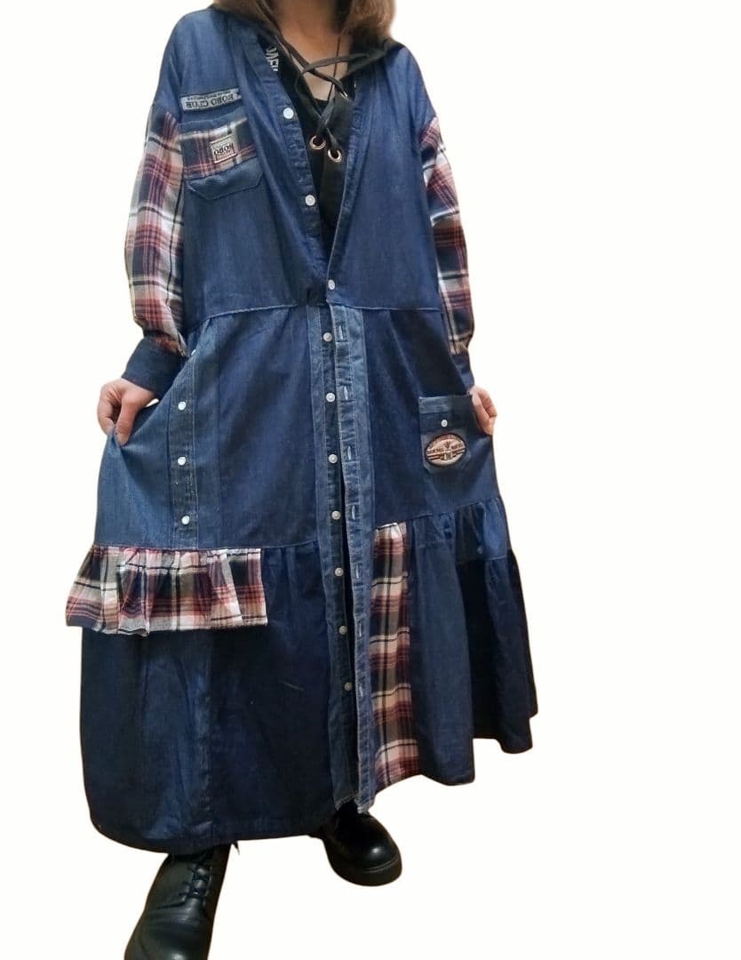 古着リメイク　ゆったり羽織れるデニムパッチワークワンピース　リメイクデニムシャツ